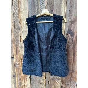 Forever 21 Vest Black Sleeveless Faux Fur Sequins Party Club Layering